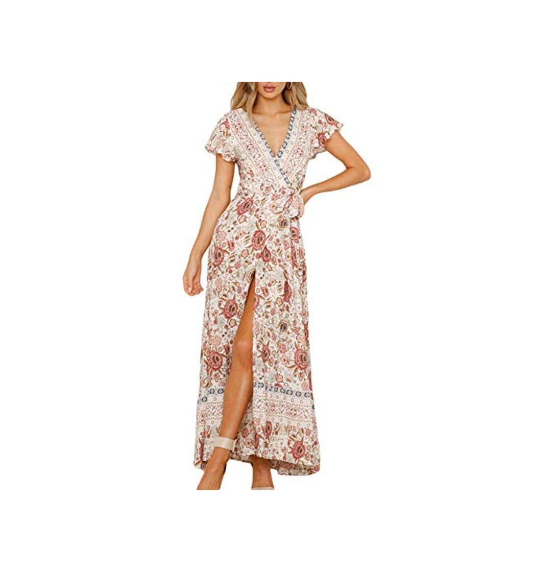 Product Vestido Mujer Bohemio Largo Verano Playa Fiesta Floral Manga Corta Cuello en V Talla Split Wrap Maxi Vestidos 2 S