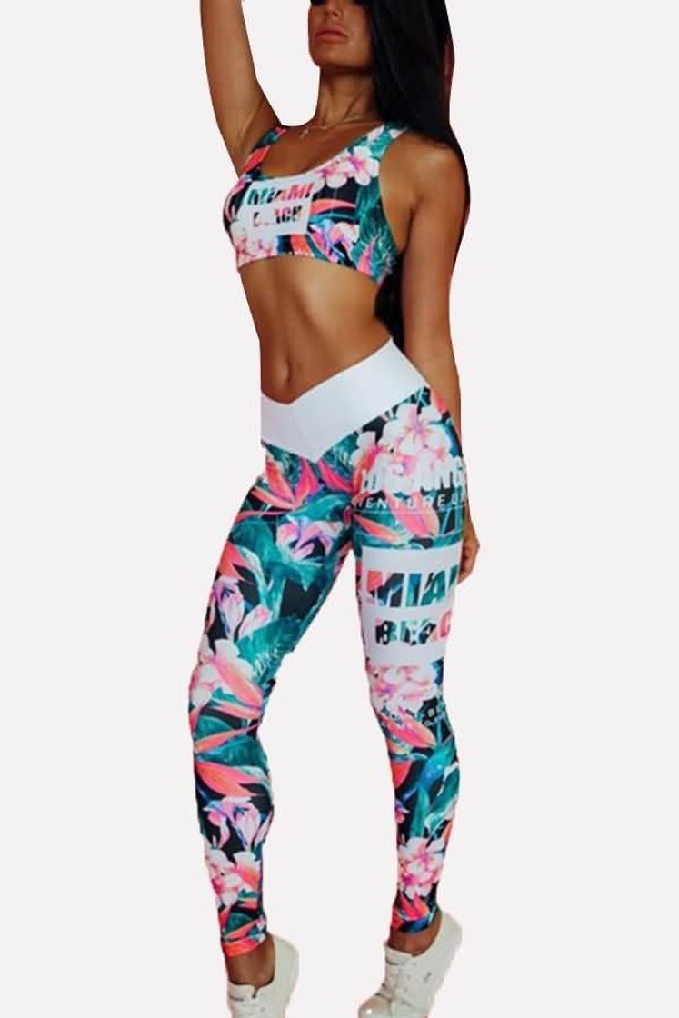 Moda Conjuntos Deportivos Mujer Fitness Bohemio Chic Ropa de Gimnasio Chandal Dos Piezas Estampada Flores Verano Sujetador Crop Top y Pantalon Leggings Push Up Yoga Set Sportwear para Gym Running Pilates