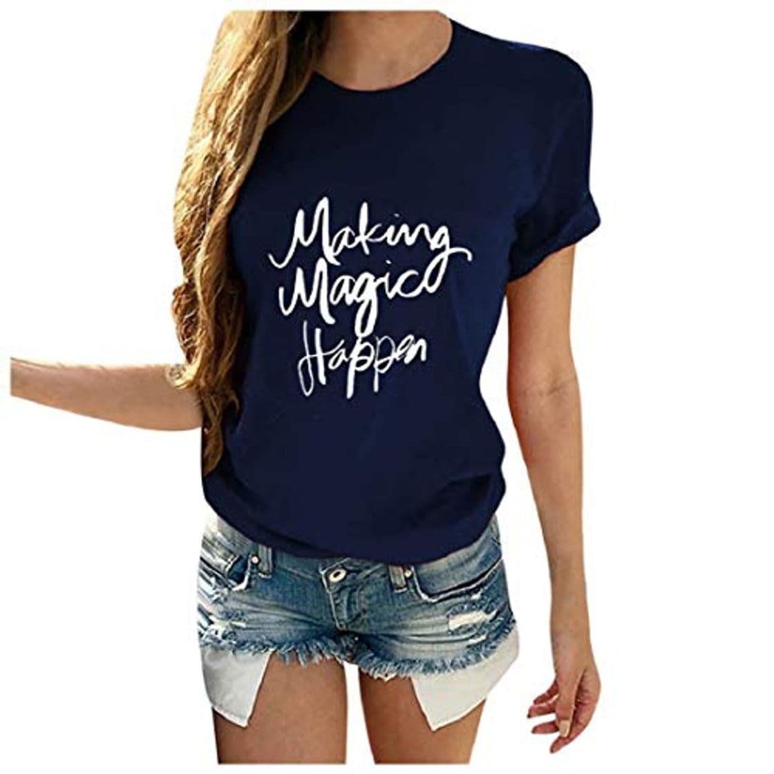 Moda DEELIN Camiseta de Manga Corta para Mujer Casual Making Magic Happen Imprimir