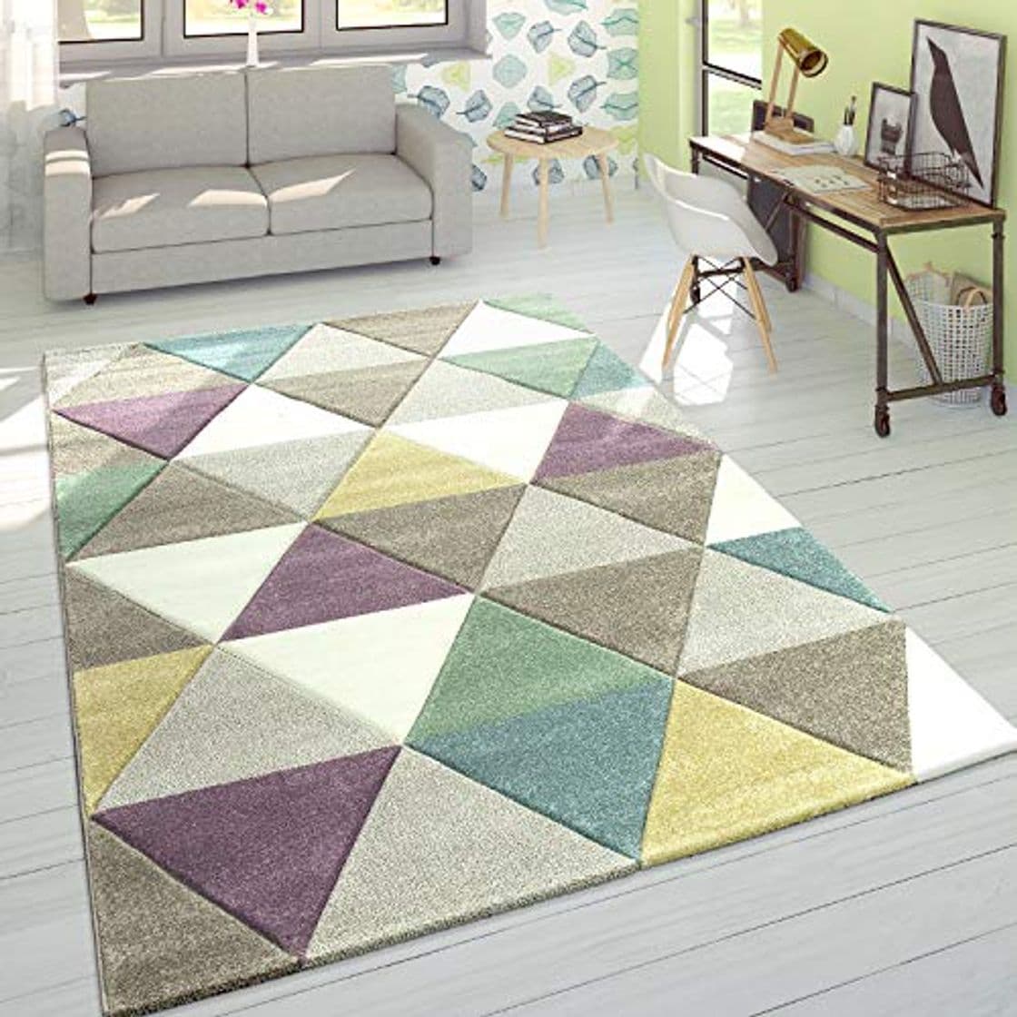 Product Alfombra Diseño Moderna Perfil Contorneado Colores Pastel Rombos Multicolor, tamaño