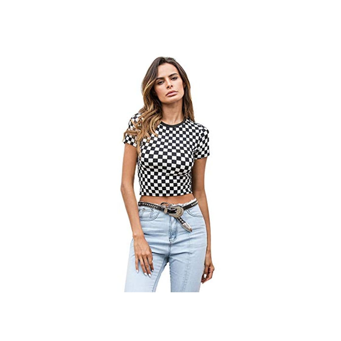 Producto Nuevas Mujeres Primavera Verano Camiseta Delgada Negro Blanco Patrón De Tablero De Ajedrez A Cuadros Crop Tops Manga Corta Camiseta De Algodón