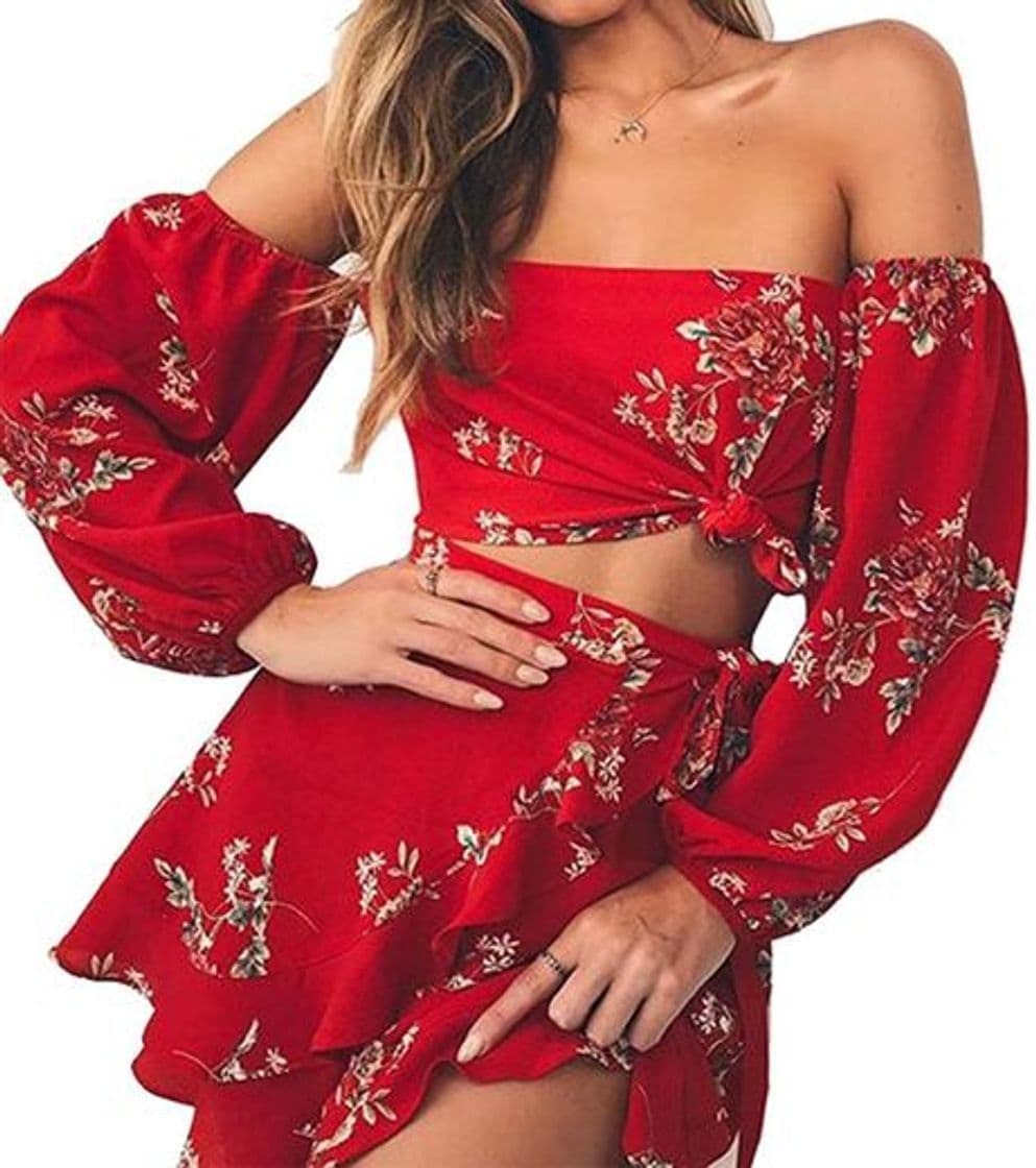 Producto Longwu Mujer Boho Flower Impreso Off Shoulder Outfits Conjunto de Dos Piezas