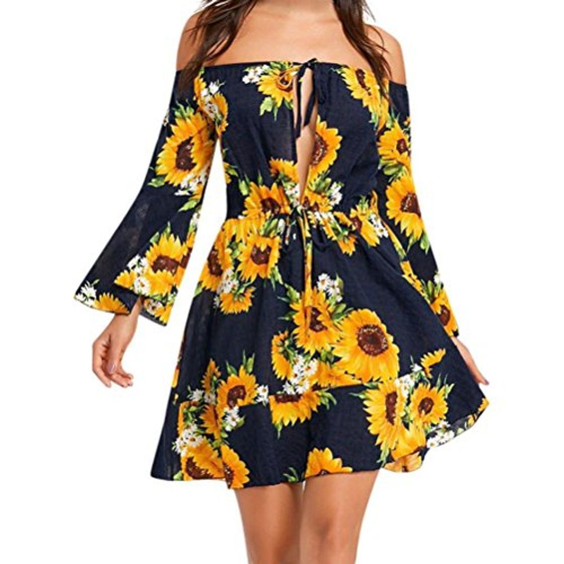 Producto OverDose Vestido Informal Estampado de Girasol Bohemio para Mujer con Hombros Descubiertos