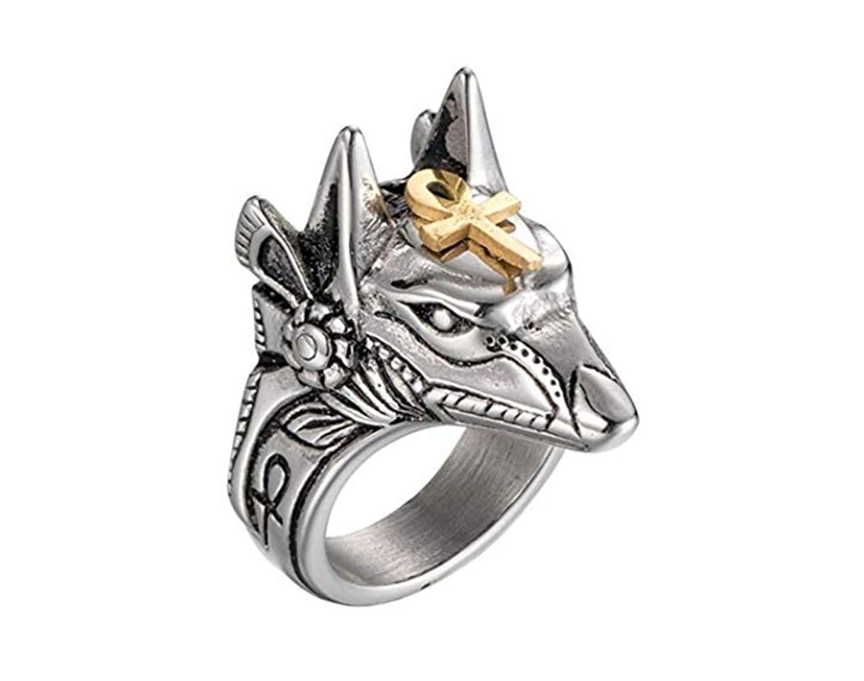 Moda PAURO Anillo para Homre Acero Inoxidable Antiguo Dios Egipcio Anubis Amuleto Lobo Cabeza con Oro Ankh Cruz Tamaño 10