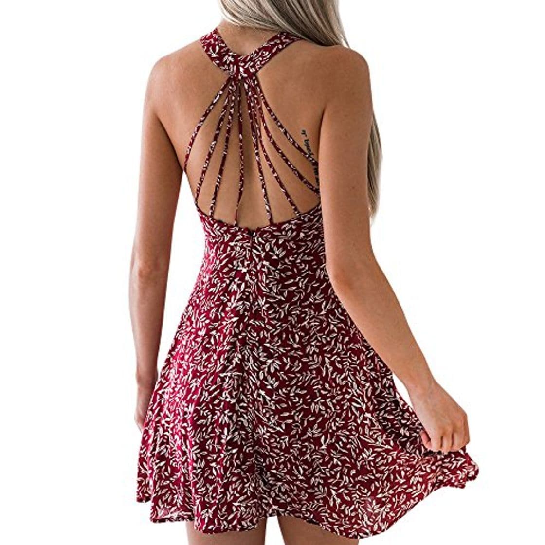 Fashion Lenfesh Mini Vestido Mujer de Fiesta Vestido Halter Cortas sin Mangas para Mujer Atractiva Vestidos Espalda Descubierta para Mujer Vestido Estampado Floral de Verano para Mujer