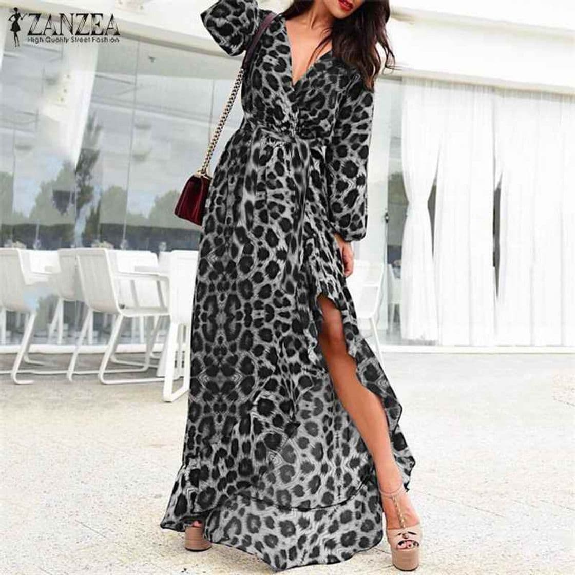 Fashion OUFour Primavera Otoño Mujeres Maxi Vestido Estampado de Leopardo Vestido de Partido Cóctel Fiesta Sexy Cuello V Manga Larga Vestidos de Playa