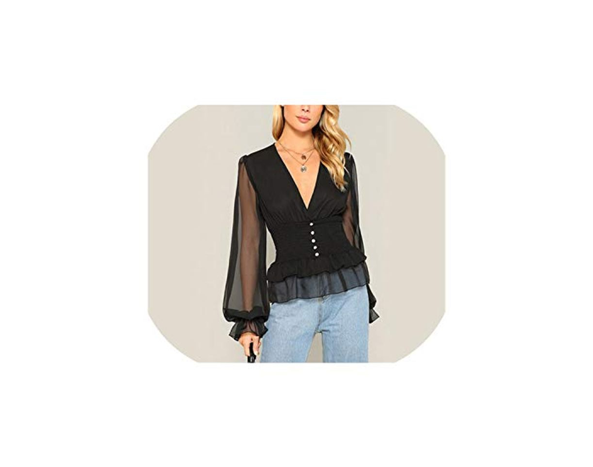 Moda Blusa de manga de malla negra con detalle de botones y volantes