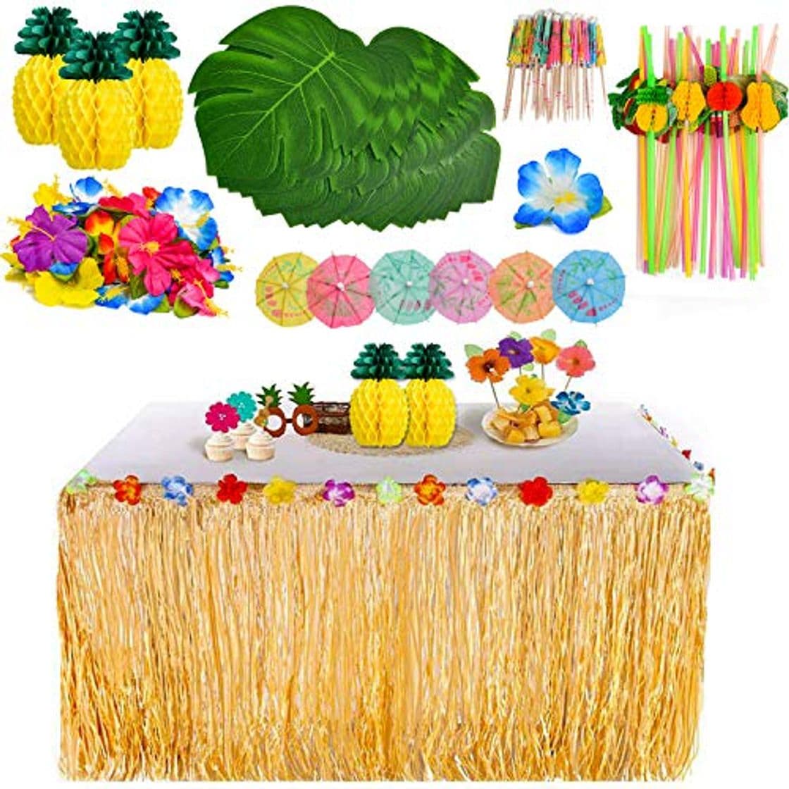 Producto YQing 117 Piezas Hawaiano Luau Falda de mesa Set de decoración