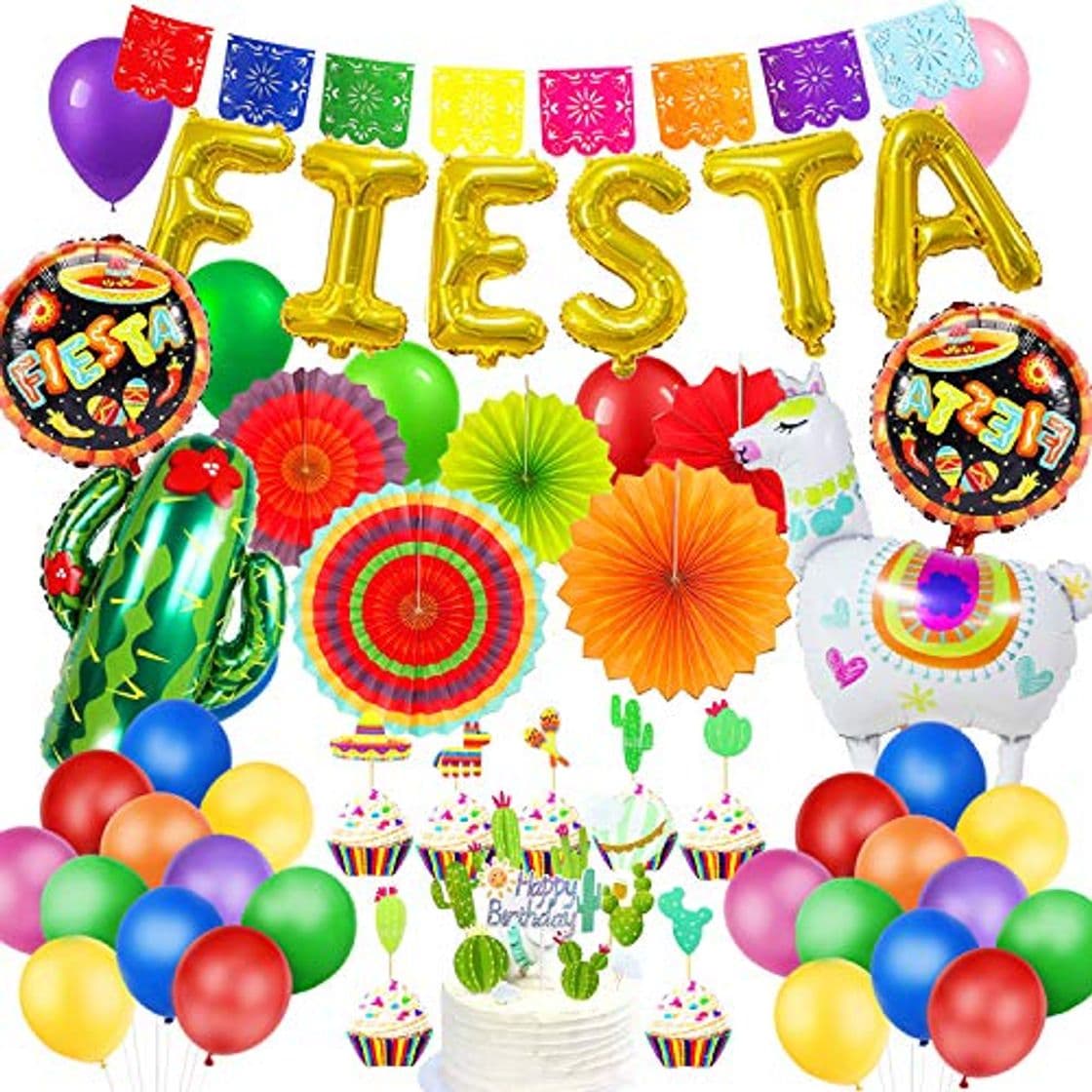 Producto MMTX Mexicana Fiesta Decoraciones De Cumpleaños Coloridas con Abanicos de Papel Alpaca Cactus Globos Bandera Mexicana Guirnaldas Torta de Cumpleaños para Cinco de Mayo Fiesta de Cumpleaños