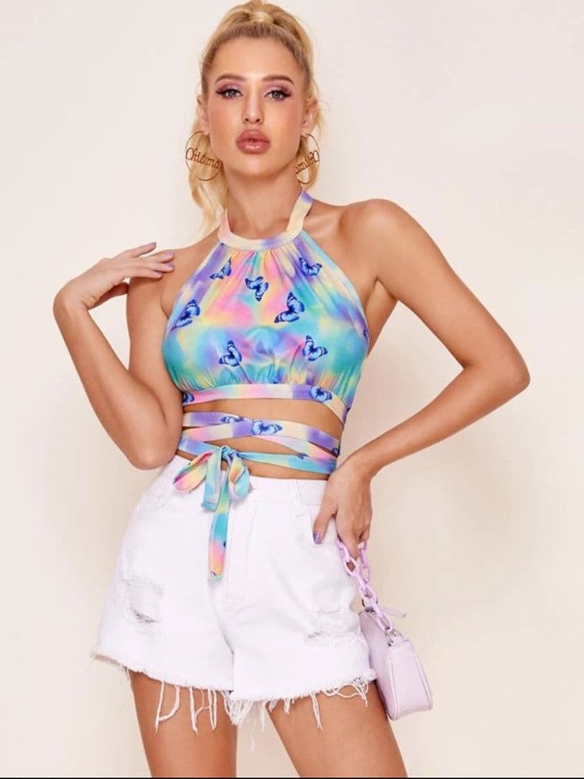 Fashion Top halter de espalda abierta con estampado de tie dye y mar