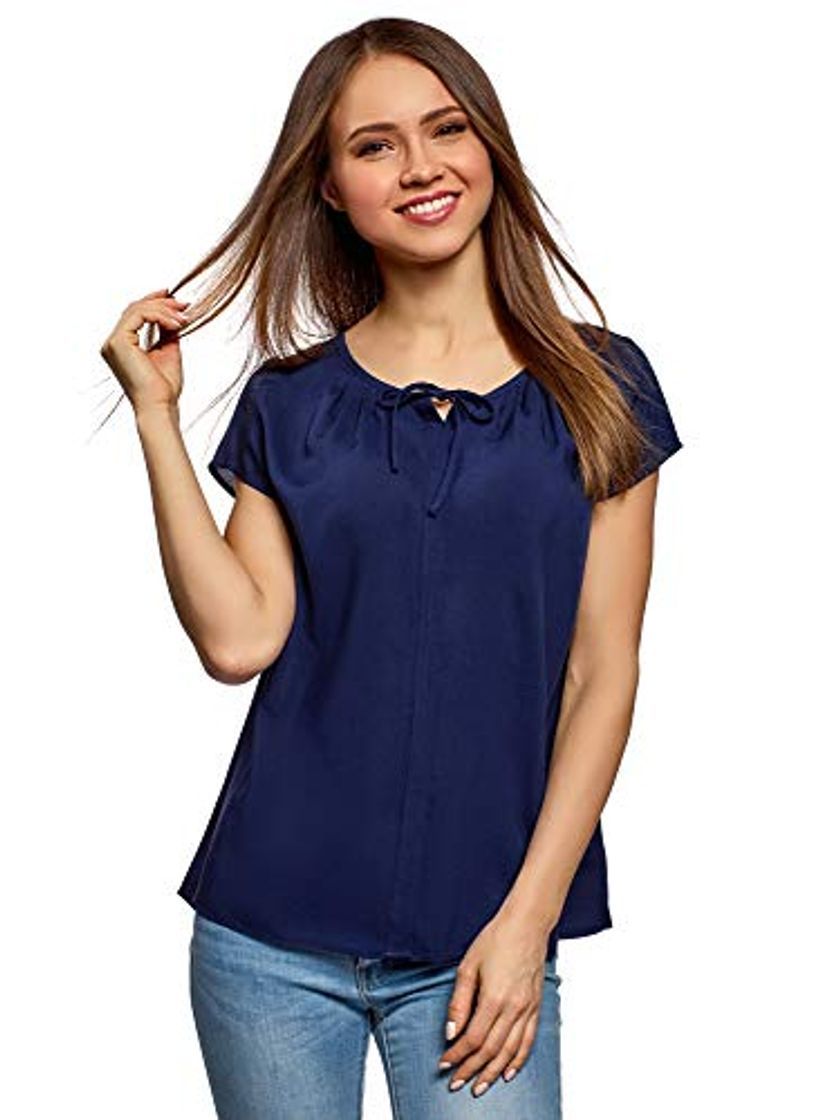 Product oodji Ultra Mujer Blusa Ancha con Lazo, Azul, ES 38