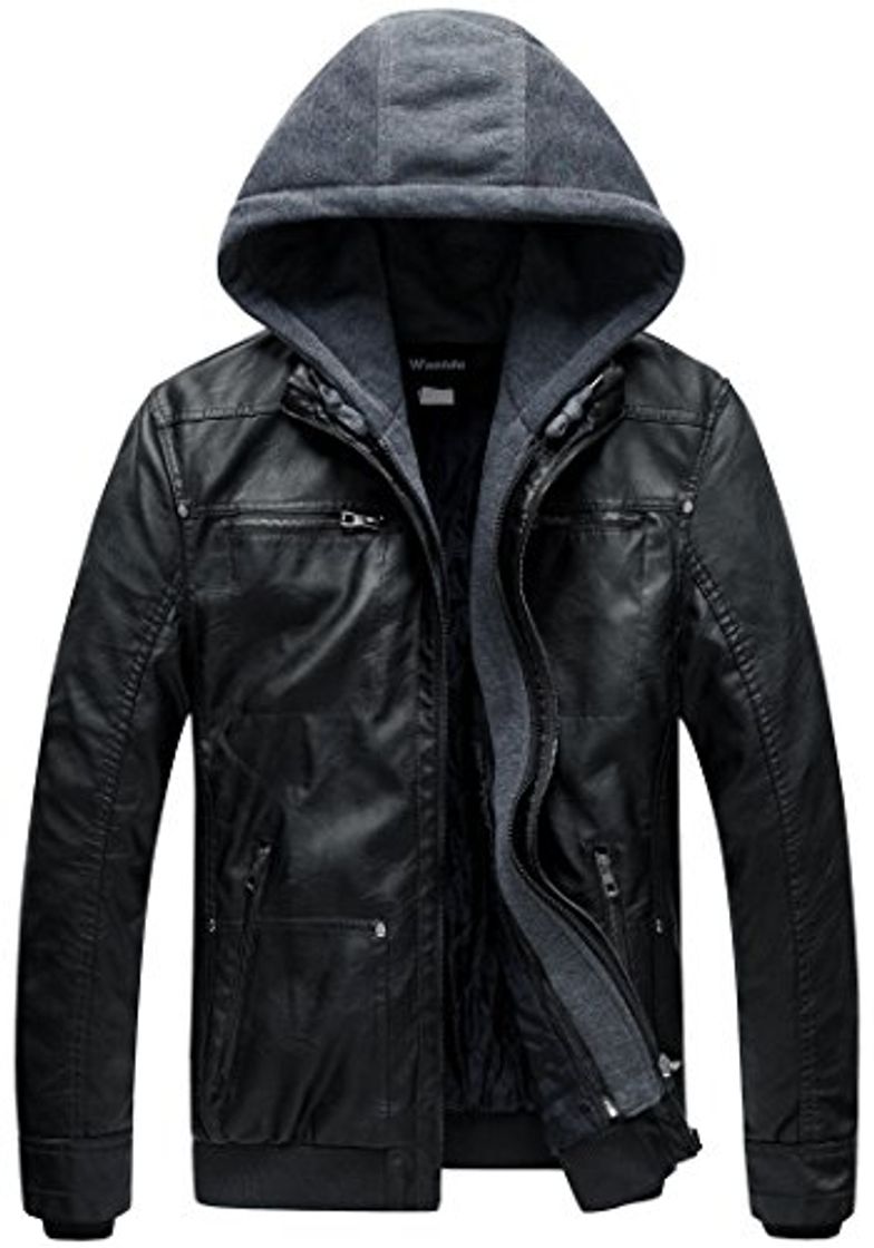 Moda Wantdo Chaqueta Cuero Capucha de Vestir Hombre Negro X