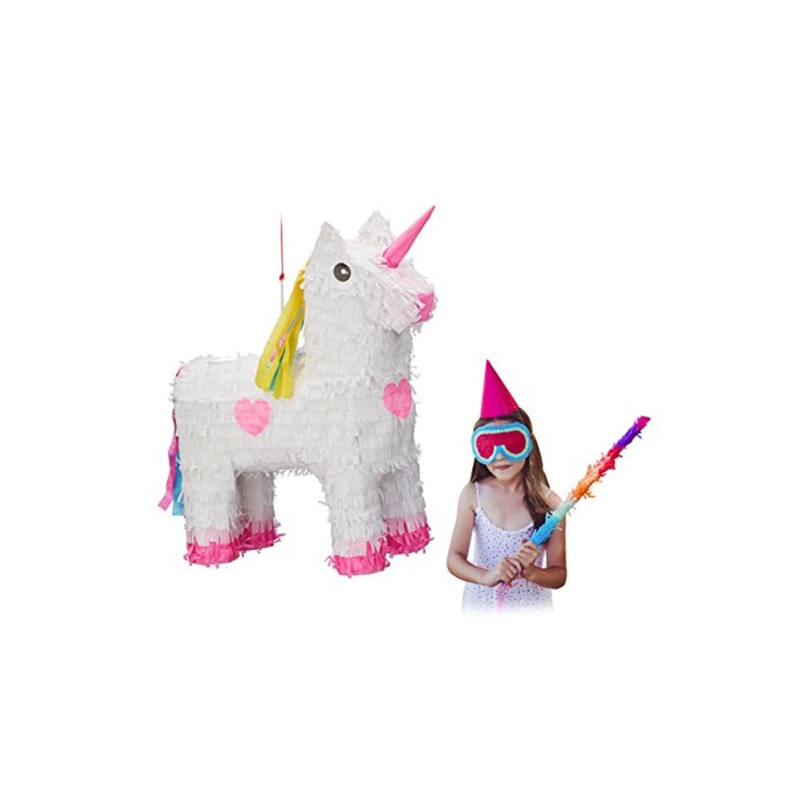 Product Relaxdays Piñata Unicornio, Color Blanco-Rosa, HxWxD: 47 x 43 x 13 cm