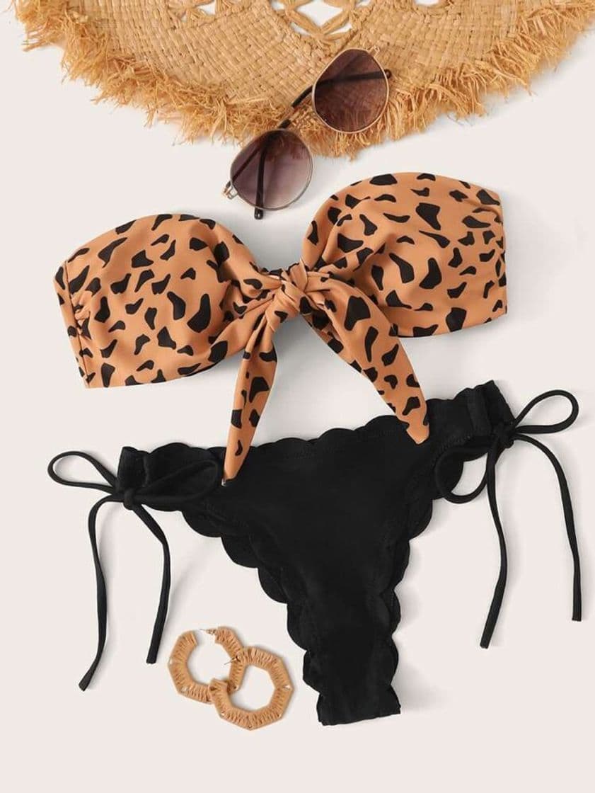 Fashion Set De Bikini Bandeau Con Nudo Delantero De leopardo 