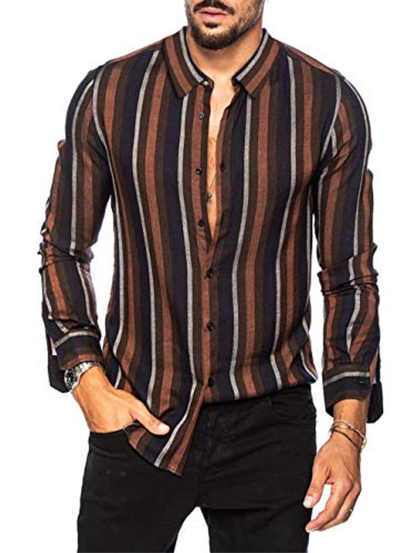 Fashion Hombre Camisa Manga Larga Slim Fit Funky Camisa Hawaiana Señores Manga Larga Casual Camisas Hombre Otoño Camiseta a Raya Tops