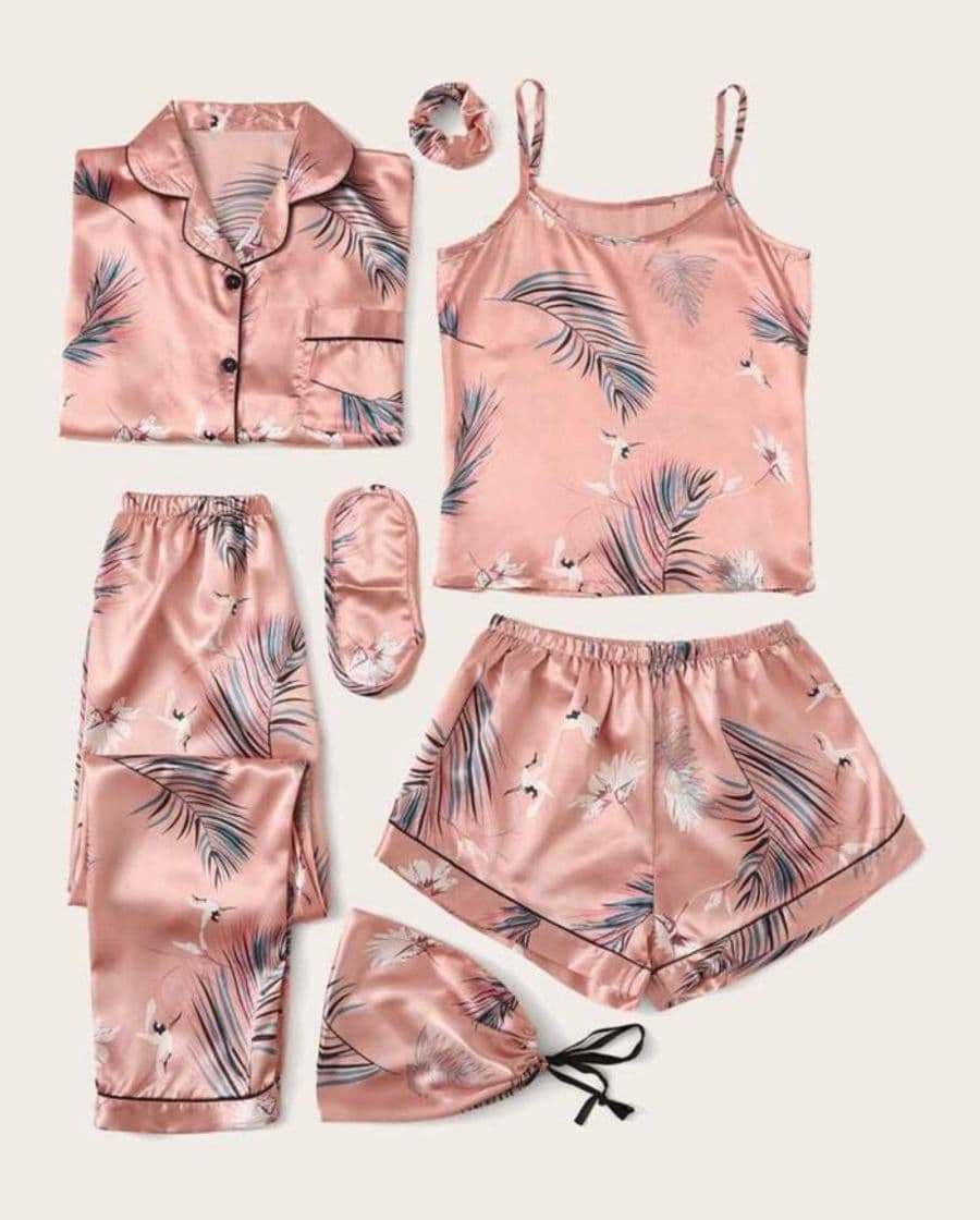 Fashion 7pcs Crane & Tropical Print Satin Pajama Set SHEIN