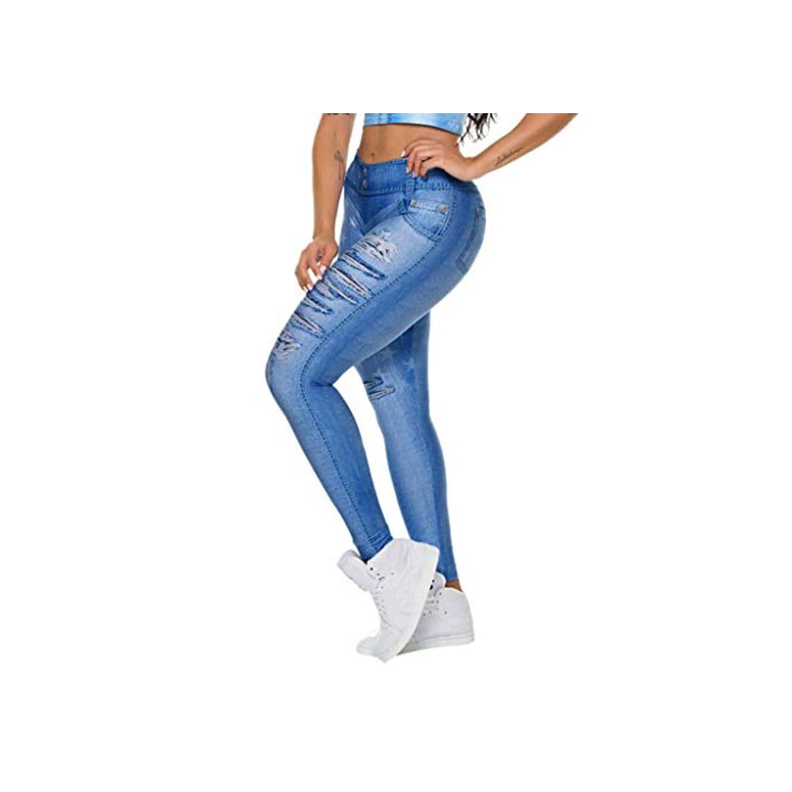 Producto Wiltson Las Mujeres Delgadas de imitación Falso Falso Rasgado Jeans Leggings Estrellas Moda Fitness Yoga Pantalones Fitness Las Mujeres Arriba Gimnasio Medias Mallas Mujer Deportivas Leggins