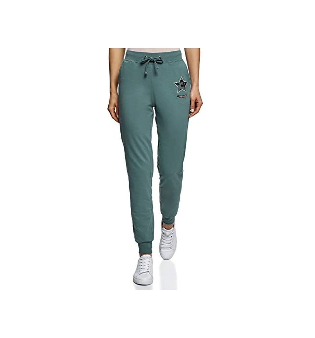 Moda oodji Ultra Mujer Pantalones de Punto con Cordones, Verde, ES 34