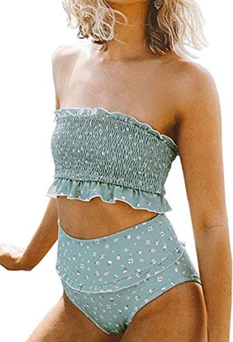 Moda Conjuntos de Bikini Bandeau Traje de ba?o de Dos Piezas sin Tirantes de Cintura Alta para Mujer Bikini con Pliegues Florales Traje de ba?o Tankini Vintage Top Acolchado con Estampado Top Rop