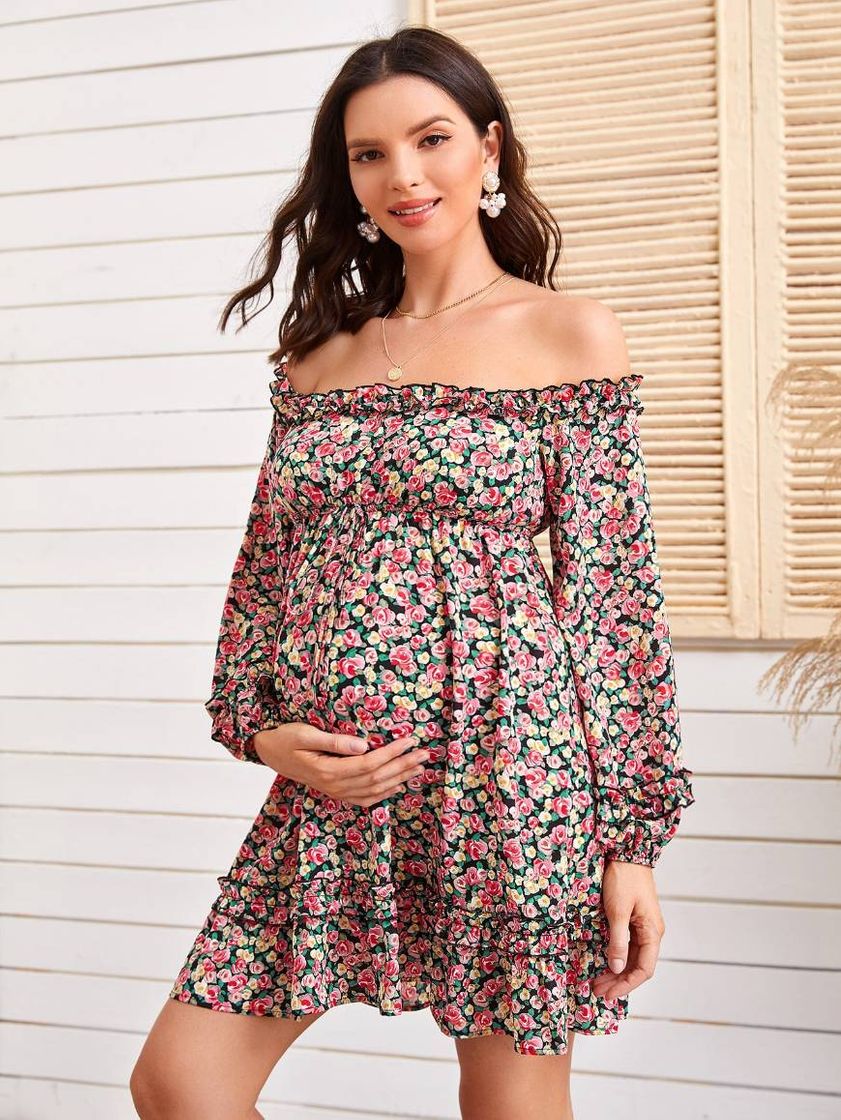 Moda 💠Vestido maternal floreado con hombros caídos 