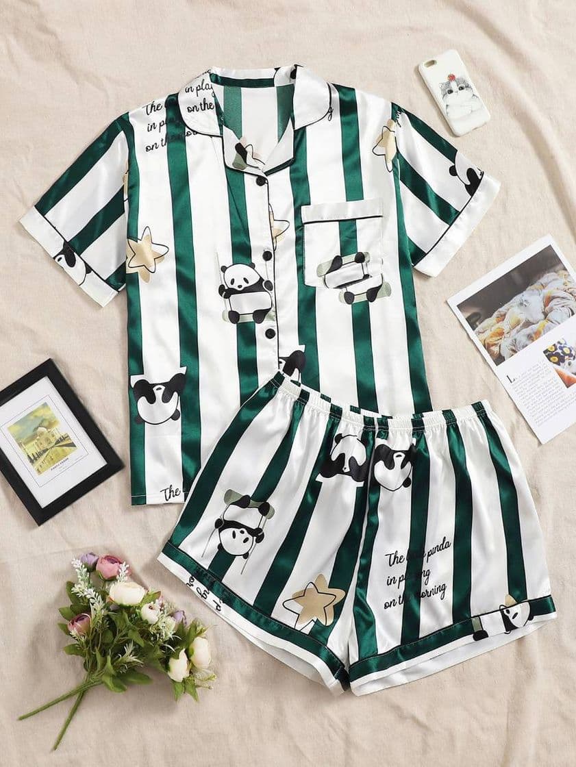 Moda 💠Pijama de rayas con estampado de panda