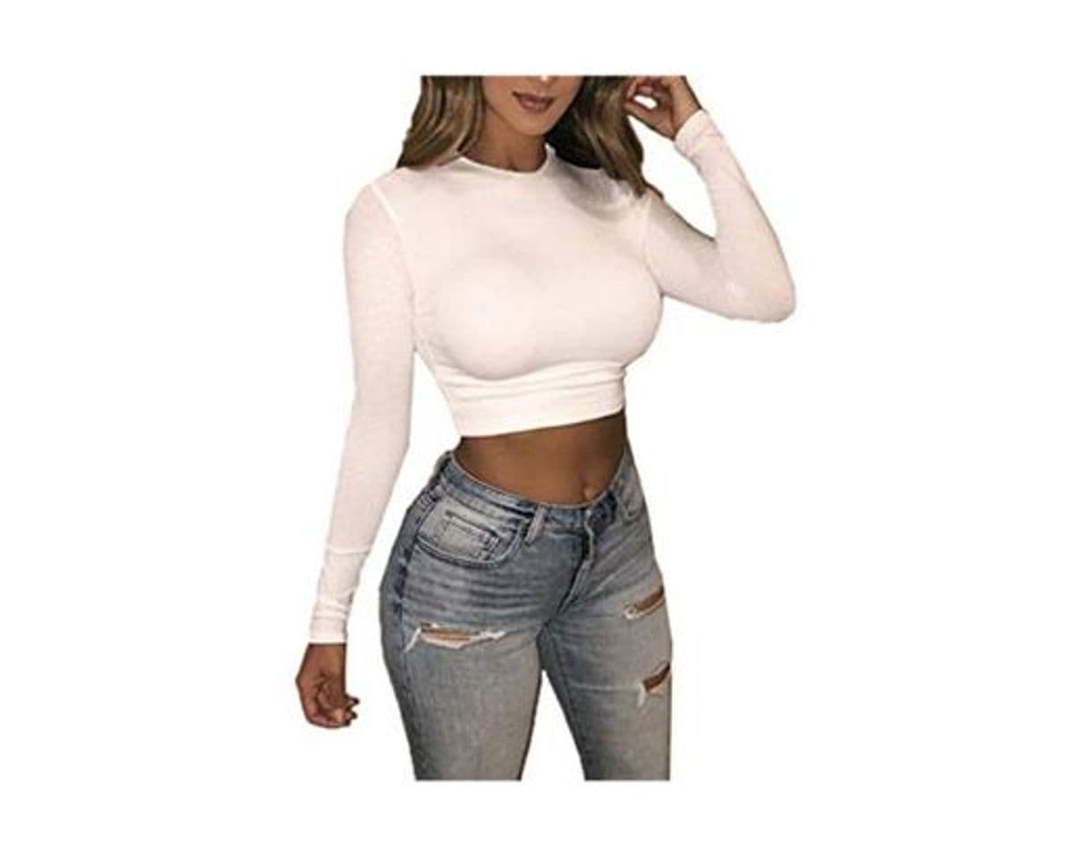 Fashion OUFour Otoño Invierno Mujeres Slim Crop Tops Casual Camisetas de Manga Larga