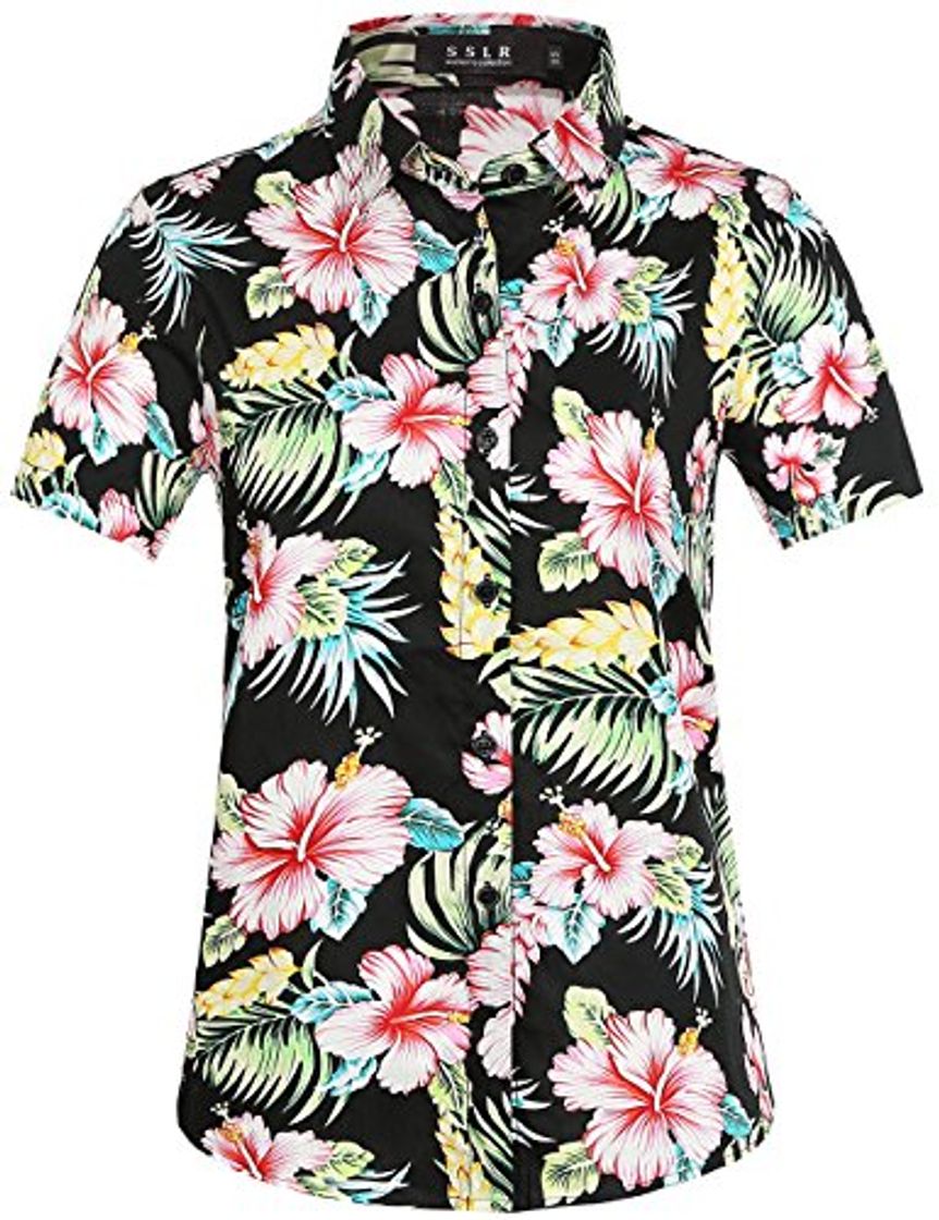 Moda SSLR Camisa Manga Corta de Algodón Estampado de Flores Informal Estilo Hawaiano