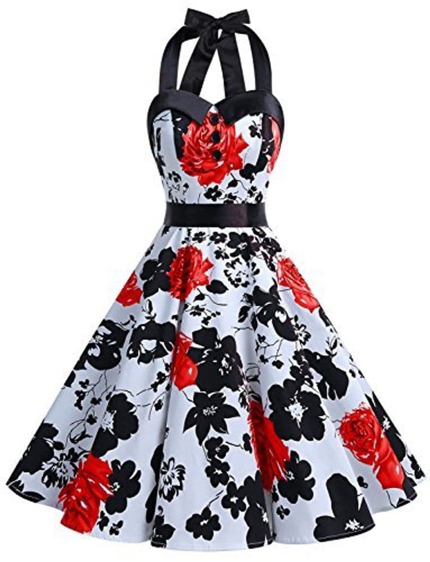 Product Dressystar Vestidos Corto Cuello Halter Estampado Flores y Lunares Vintage Retro Fiesta