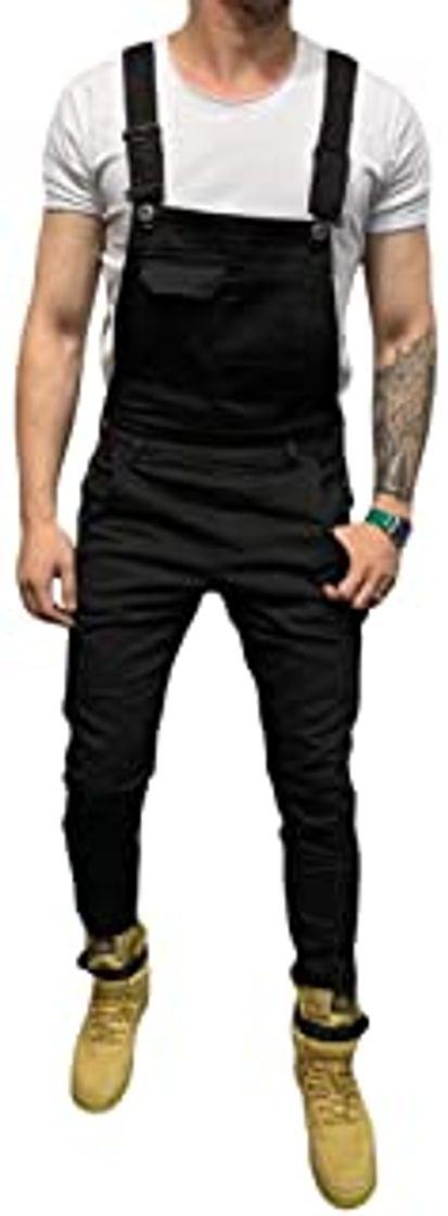 Moda AnyuA Hombres Mono Pantalones Rotos Vaqueros Hippie Overol de Mezclilla Deportivos con Bolsillos Jeans Pantalón Overalls Negro M