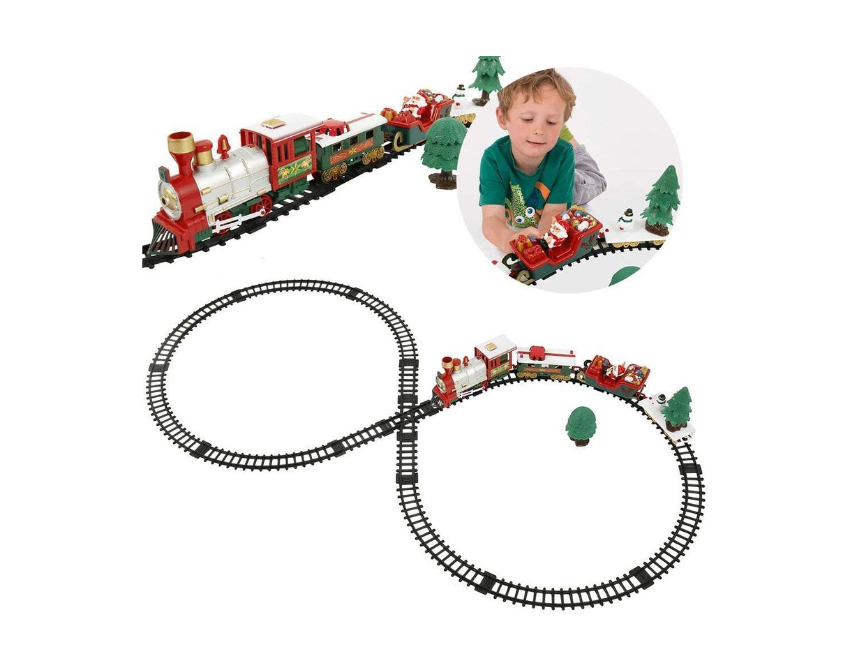 Product Wealthgirl Juego de Trenes navideños con Sonido Realista y luz Tren de Navidad operado por batería con carros y vías Tren de Juguete eléctrico navideño para niños