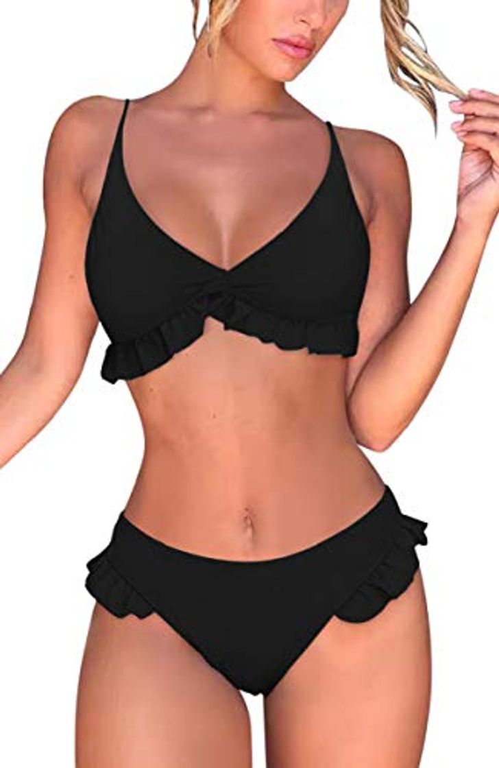 Fashion heekpek Trajes de Baña Bikini Mujer 2 Piezas Traje de Baño con Volantes y Estampado de Leopardo Liso Honda Bañador a de Colores Ajustable Playa de Verano Sexy Conjunto