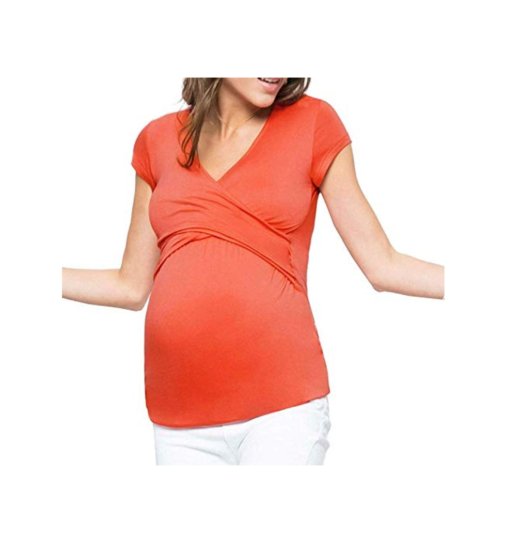 Fashion Mujeres De Maternidad Enfermería Camiseta Layer Design Con Vintage Manga Corta Cuello En V Color Sólido Camisa De Maternidad Elegante Moda Estiramiento Delgado Top De Maternidad Para Mujeres Embarazad