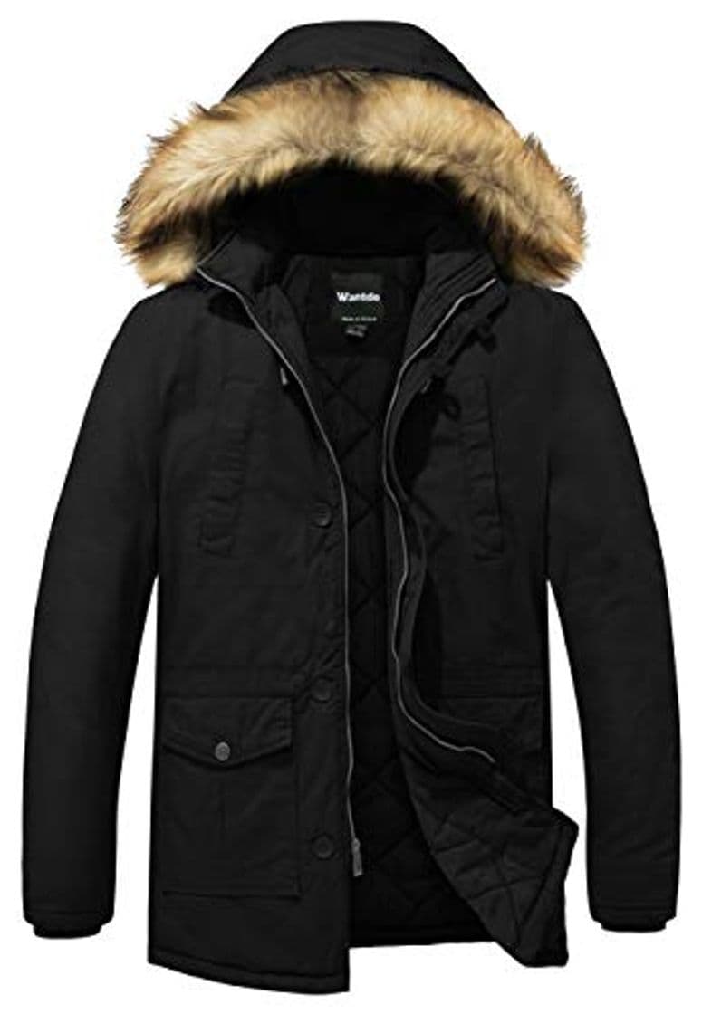 Fashion Wantdo Abrigo para Hombres Parka de Invierno Chaqueta Acolchada de Algodón con Capucha de Piel Sintética Large Negro