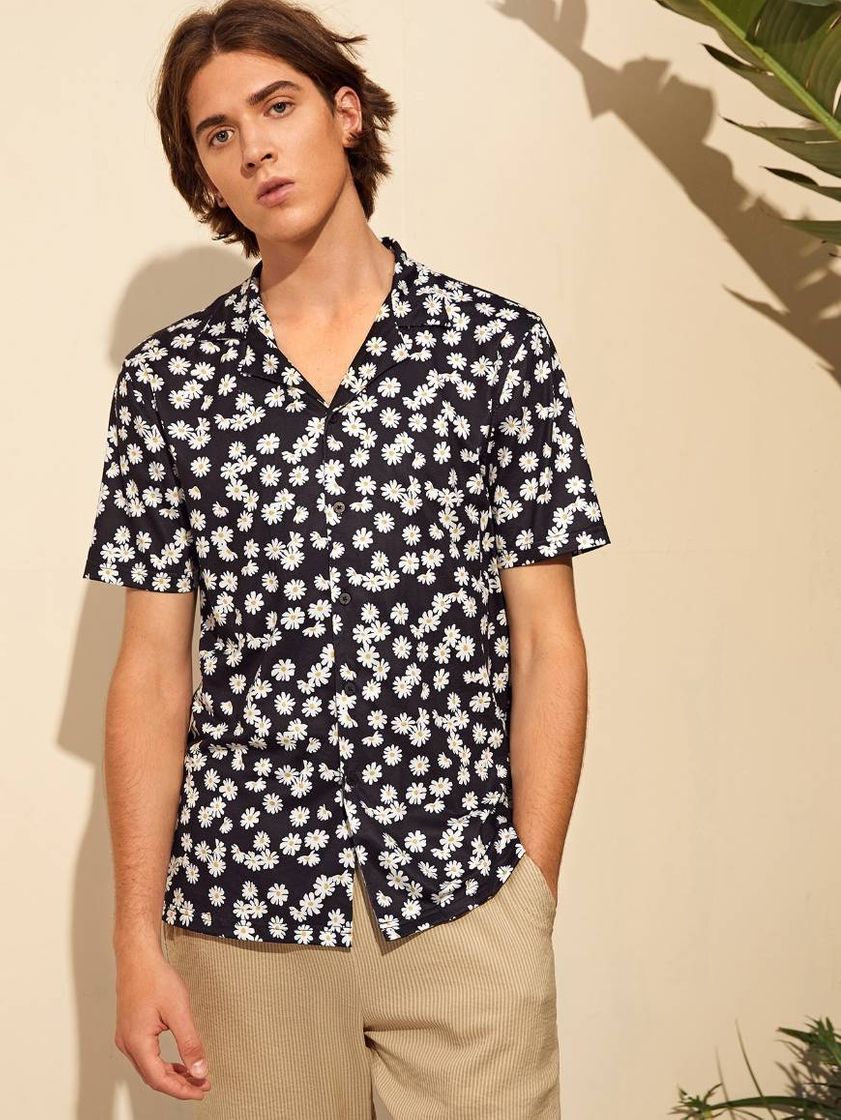 Fashion Camiseta para hombre floral con margaritas de cuello revere