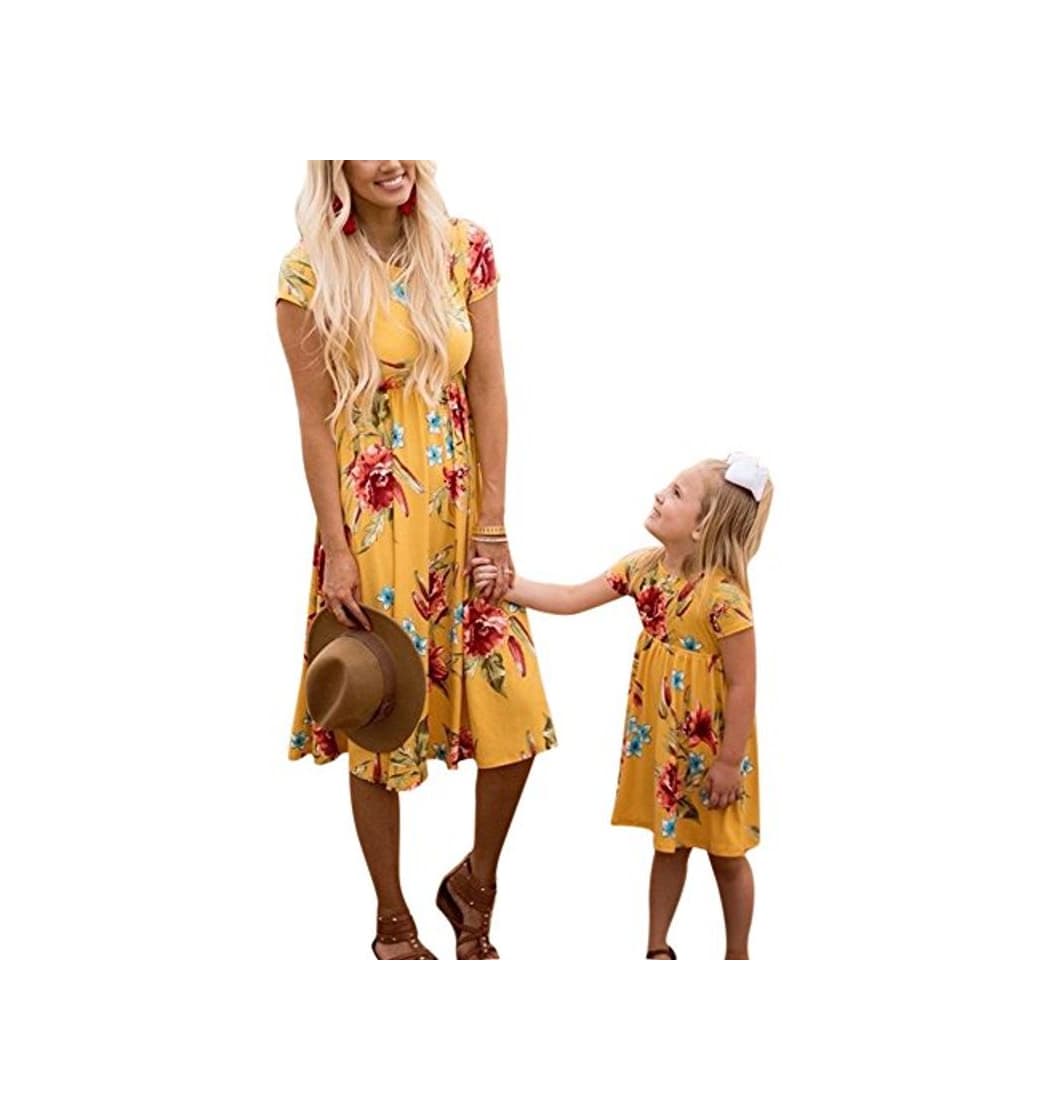 Fashion Ropa para Padres Vestido de Estampado de Mangas Cortas con Estampado de Madre e Hija Vestido de Verano Estampado de miniaturas de mamá y mamá