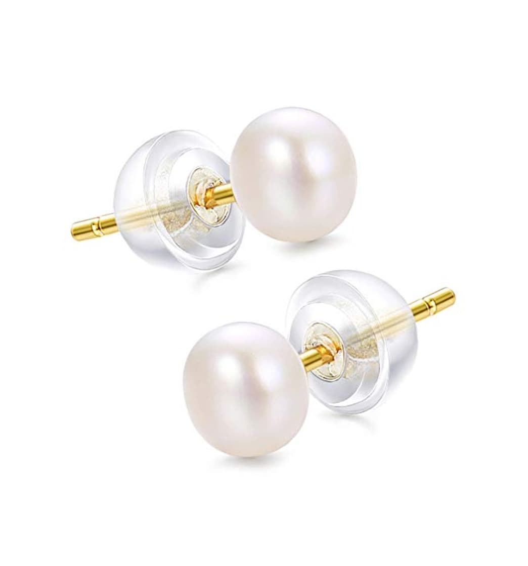 Producto Finrezio 18K Chapado en Oro Redondo Blanco Perla Aretes para Mujeres Plata de Ley 925 Natural Agua Dulce Aretes de Perlas 9MM