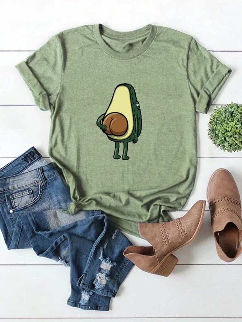 Fashion Camiseta de Puño de Doblez con Estampado de Palta 