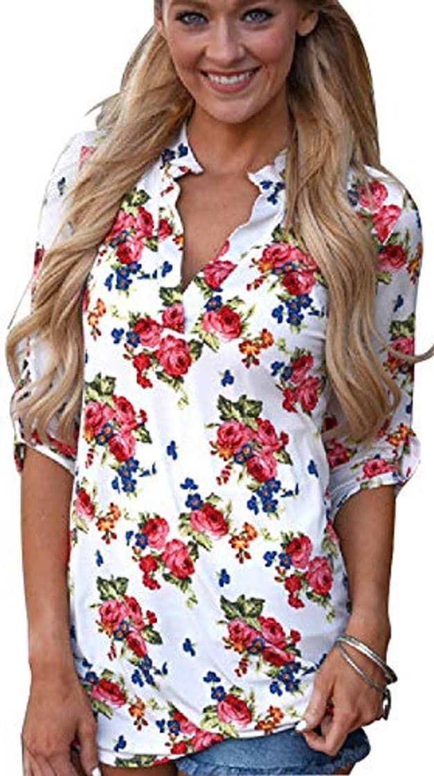 Moda Mujeres Camisa Elegante Blusa Mangas Largas Camiseta Polsillo Escote V