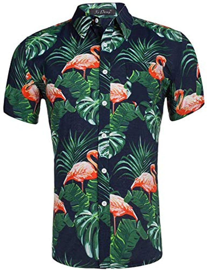 Moda Loveternal Camisa Hawaiana Hombres Botón Abajo Camisa Flamenco Amarilla Algodón de Manga Corta Camisa Estampada 3D Vacaciones Hawaii Shirt M