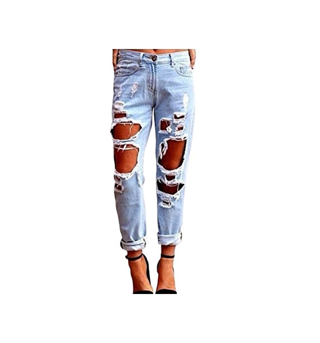 Moda Kasen Pantalones Sueltos Mujer Vaqueros Rotos Agujero Jeans Casuales Azul Claro S