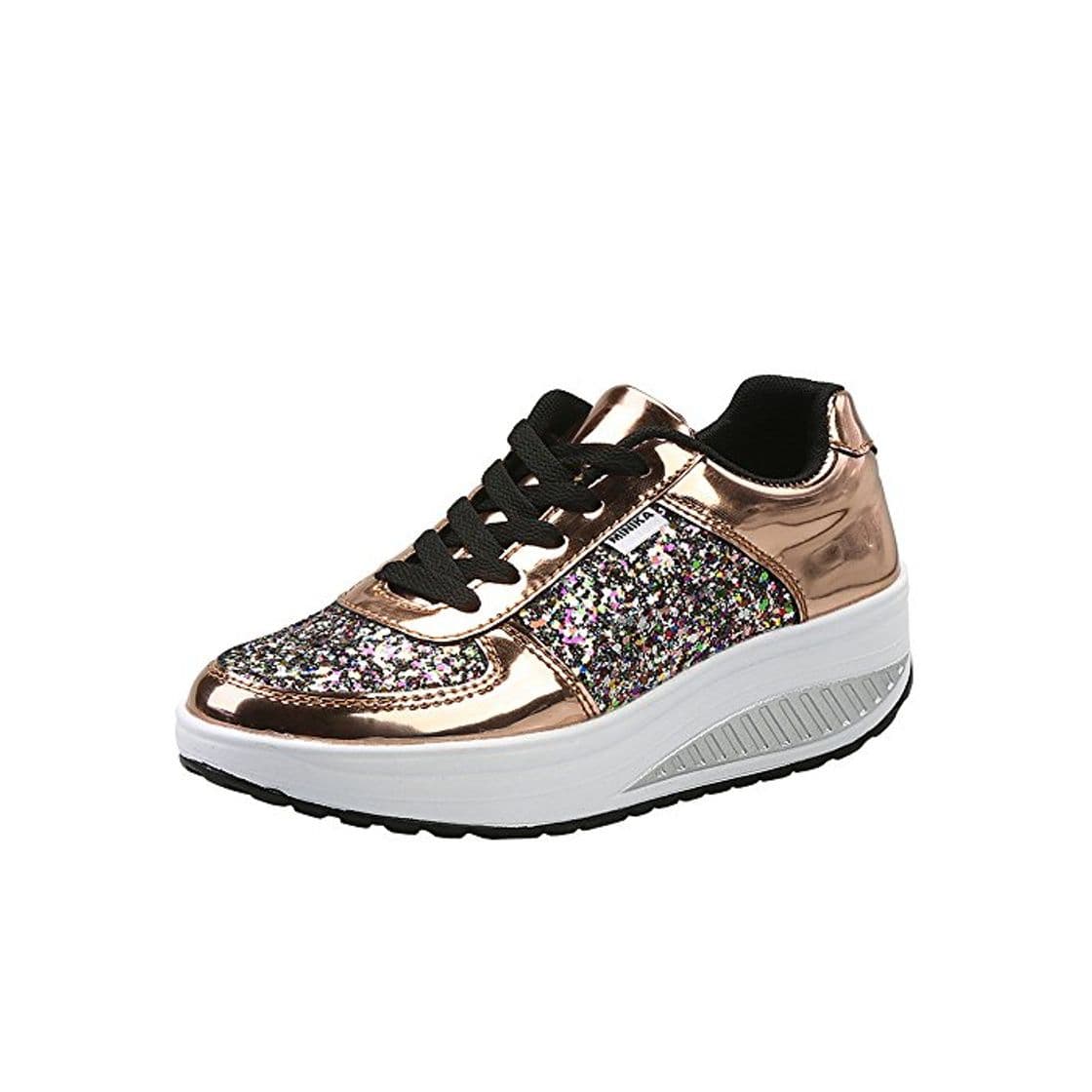 Fashion Mujer Zapatillas de Deporte Cuña Zapatos para Caminar Aptitud Plataforma Sneakers con Cordones Calzado de Tacón 4cm Oro EU 39