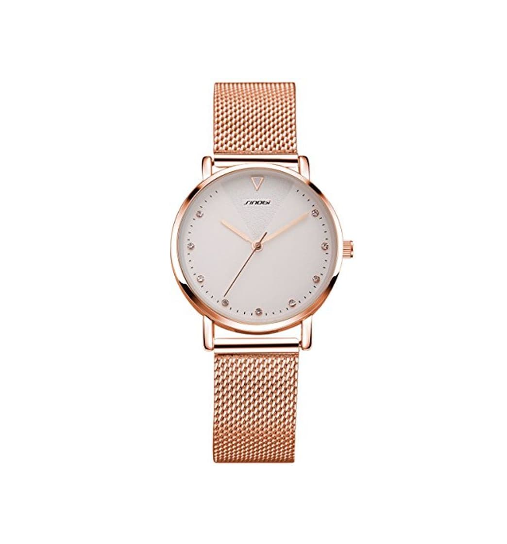 Producto Alienwork Reloj Mujer Relojes Acero Inoxidable Banda de Malla Metálica Oro Rosa Analógicos Cuarzo Blanco Impermeable Strass Purpurina Elegante