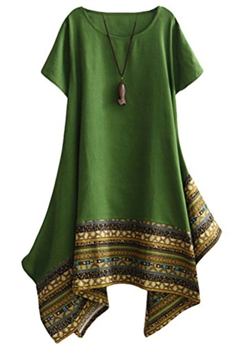 Fashion Vogstyle Mujeres De Verano De Algodón De Lino Vestido De Camiseta De Manga Corta LH000 Verde 2XL