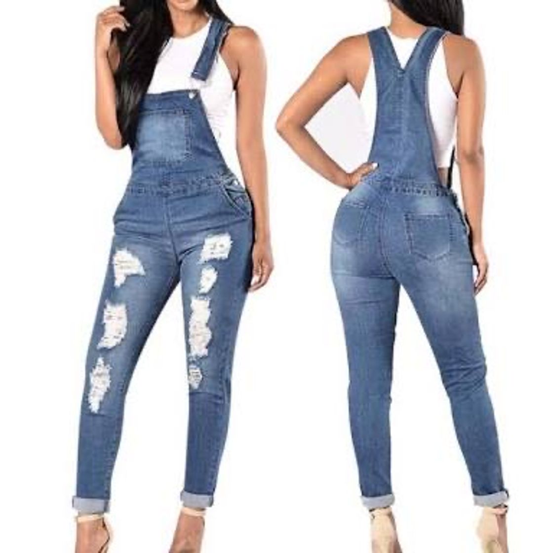 Product Overol de Mujer Jean Monos de Mezclilla sin Mangas Delgados con Agujeros Rasgados Casuales Azul M