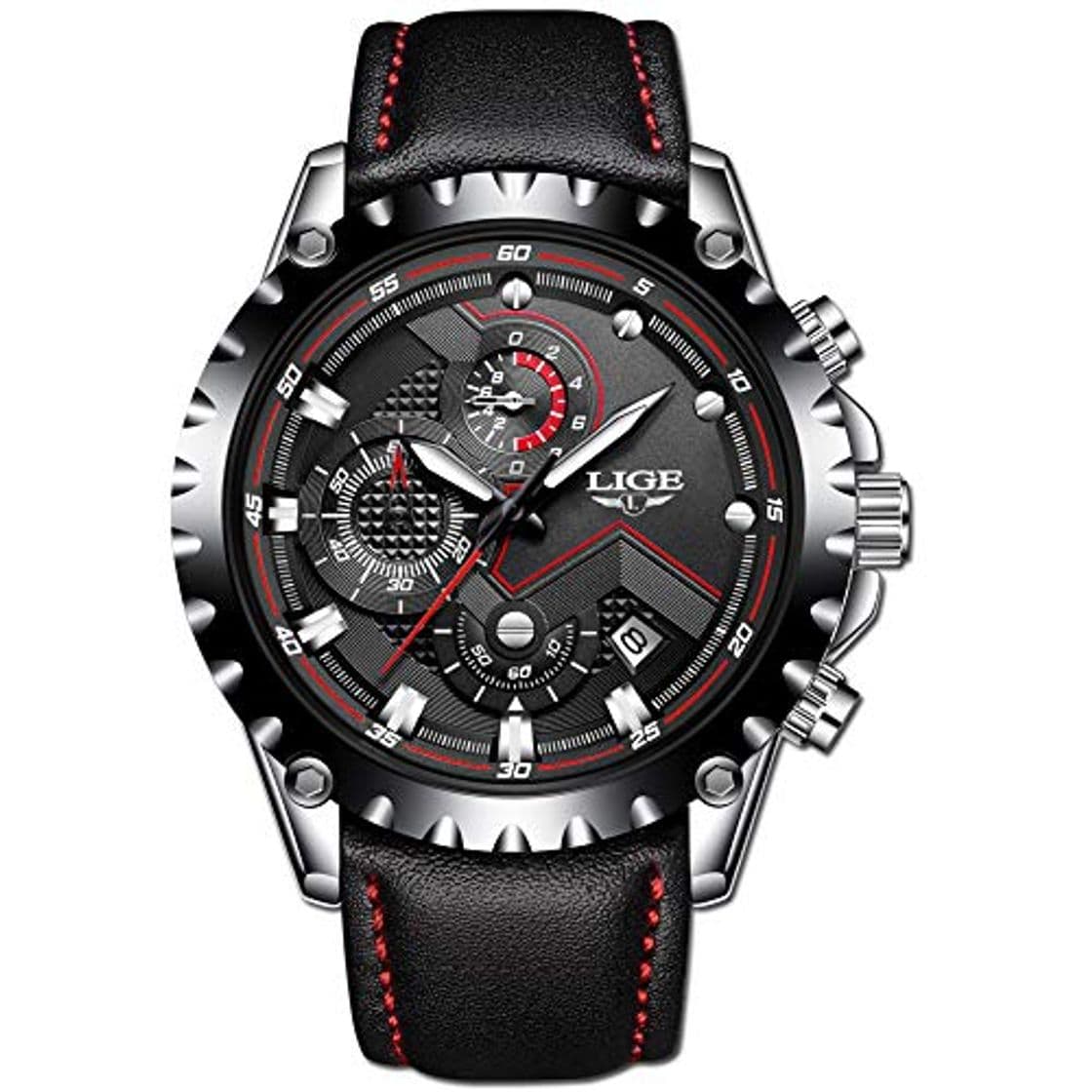 Producto LIGE Relojes Hombres Cronógrafo Impermeable Militar Deportivo Analógico Cuarzo Relojes Hombre Moda Negro Cuero Calendario Relojes de Pulsera