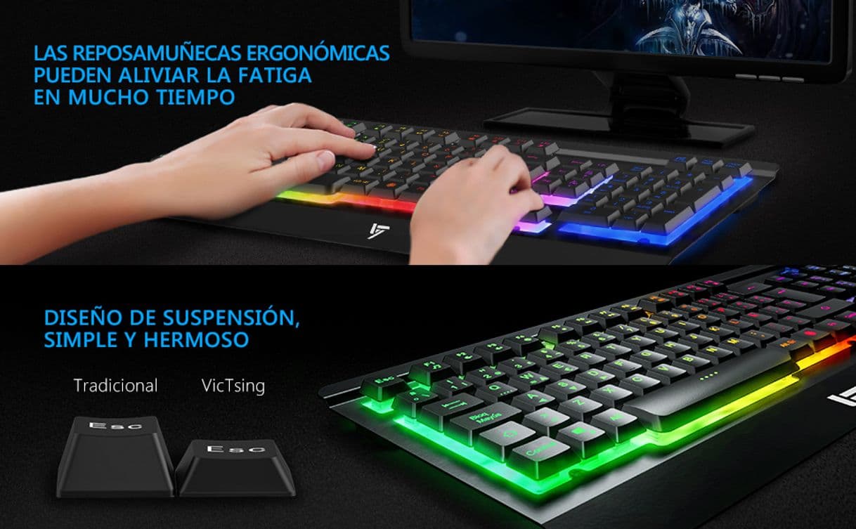 Electronic VicTsing Teclado Gaming Español USB, LED Rainbow Retroiluminación y Panel Completamente Metálico,