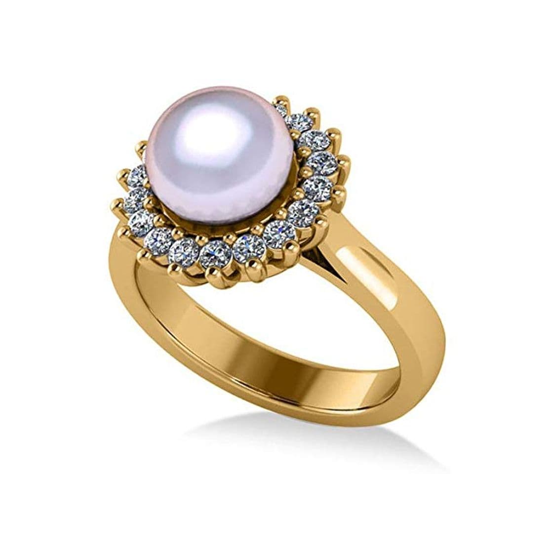 Moda Anillo de compromiso con halo de Perla y Diamante 14k, oro amarillo,