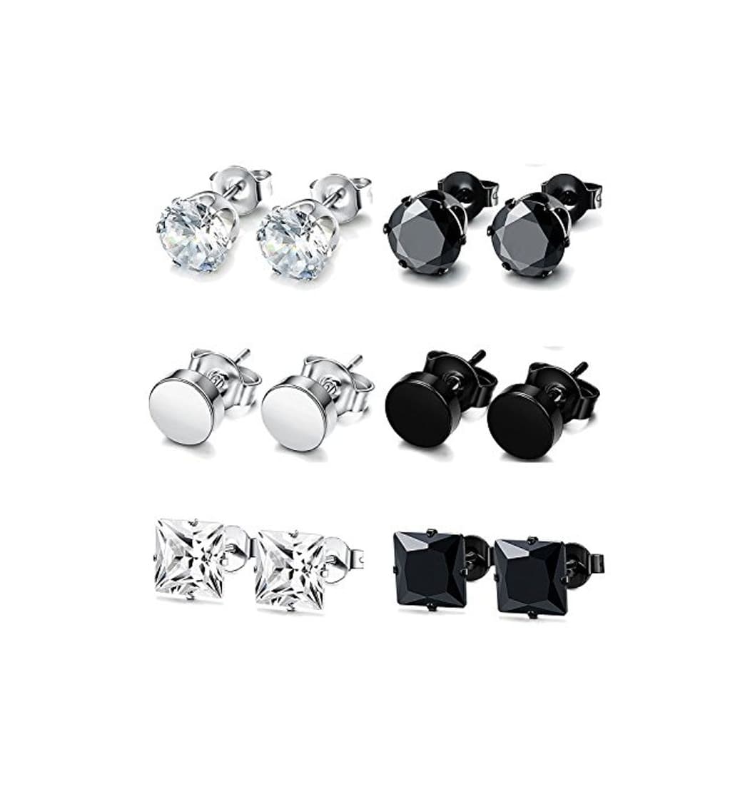 Fashion BESTEEL 6Pares Acero Inoxidable Pendientes Studs para Hombre Mujer Aretes con Circonita