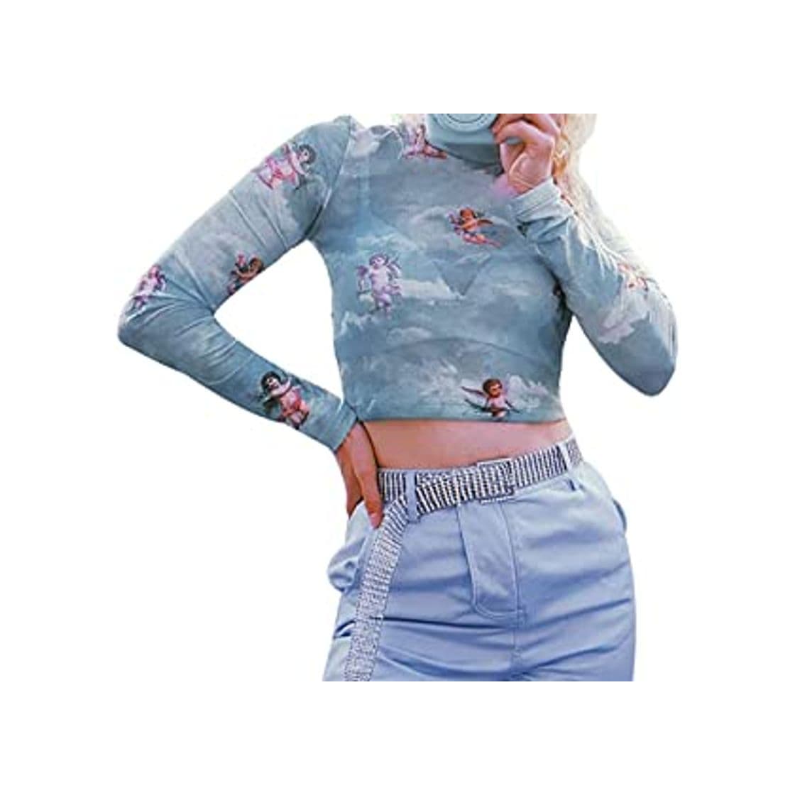 Producto Loalirando Crop-Top Transparente Mujer Sexy de Manga Larga con ángeles Impresos Top