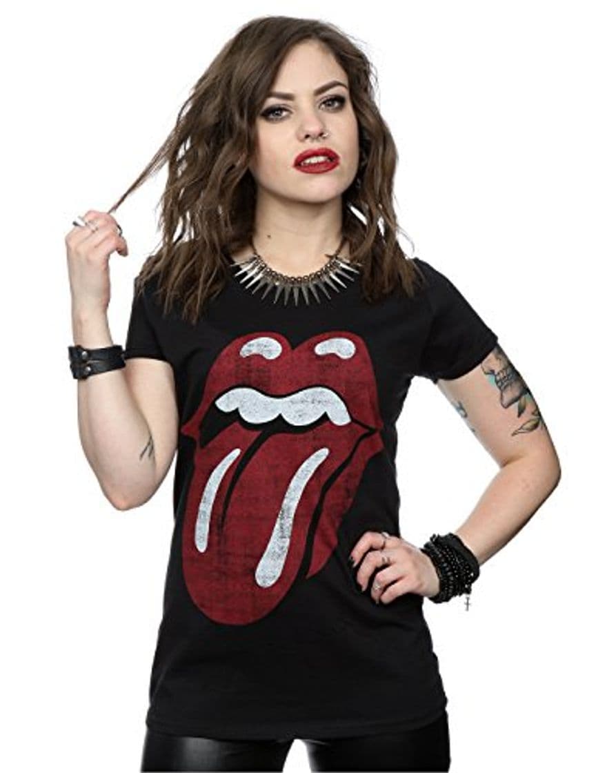 Moda Rolling Stones mujer Distressed Tongue Camiseta Large Negro